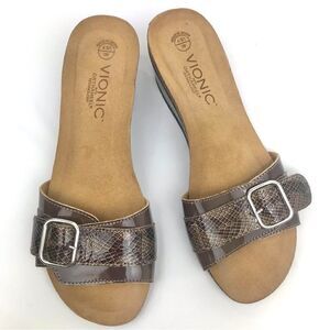 Vionic ARIANA Brown Patent Snake Print Buckle Orthaheel Wedge Slide Sandals